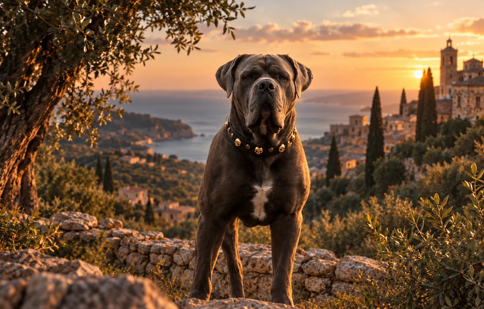 Cane Corso natūraliomis ausimis Pietų Italijos pakrantės kraštovaizdyje